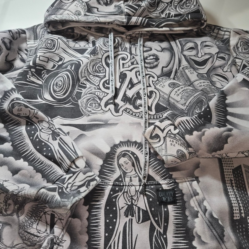 FB County Mens Chicano Tattoo All Over Print Hoodie Grey Virgin Mary Lowrider M - Picture 4 of 8